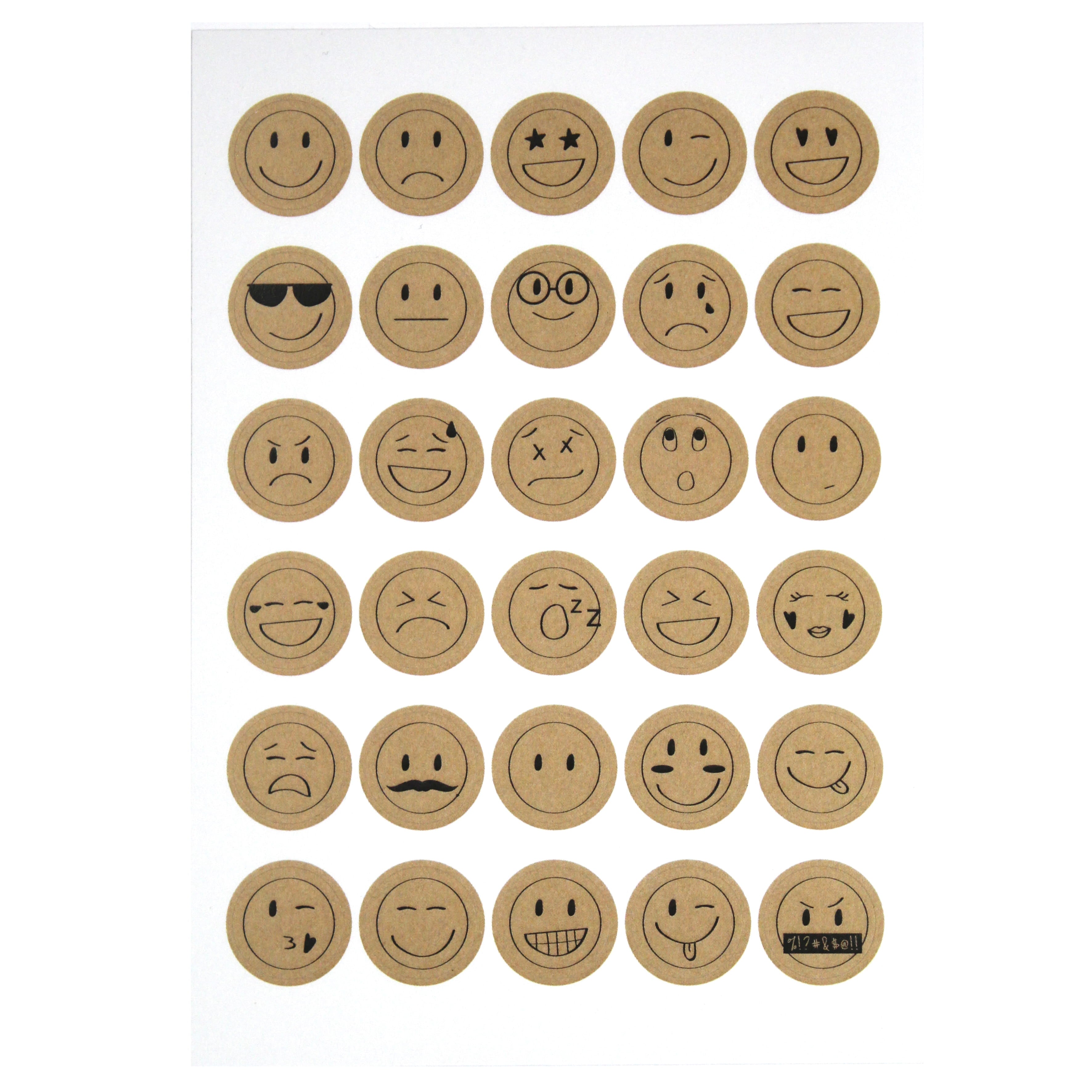 Artoz Sticker Emoji von Artoz Papier AG: 1 Bogen mit 30 runden braunen Stickern, jeweils mit schwarz umrandeten Smiley-Gesichtern, die verschiedene Emotionen zeigen - ideales Bastelzubehör für DIY-Projekte und kreative Basteleien.