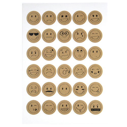 Artoz Sticker Emoji by Artoz Papier AG : 1 feuille de 30 autocollants ronds de couleur marron, chacun avec des visages smiley soulignés en noir montrant diverses émotions - Bastelzubehör idéal pour les projets de bricolage et l'artisanat créatif.