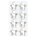Huit autocollants blancs en forme d'ange, ornés d'auréoles et d'étoiles dorées — chacun sur fond d'étoiles blanches — sont disposés en deux colonnes sur une feuille blanche rectangulaire. Ces charmants autocollants 3D « Engel mit Stern » d'Artoz sont fabriqués par Artoz Papier AG et mettent en valeur l'élégant design suisse.