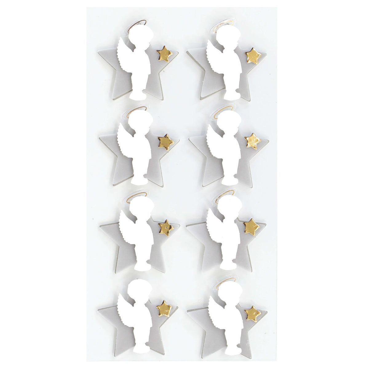 Huit autocollants blancs en forme d'ange, ornés d'auréoles et d'étoiles dorées — chacun sur fond d'étoiles blanches — sont disposés en deux colonnes sur une feuille blanche rectangulaire. Ces charmants autocollants 3D « Engel mit Stern » d'Artoz sont fabriqués par Artoz Papier AG et mettent en valeur l'élégant design suisse.
