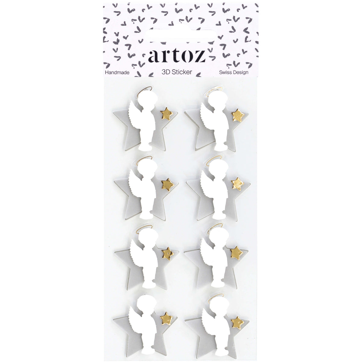 Un lot de huit autocollants 3D blancs « Engel mit Stern » de la marque Artoz Papier AG, représentant chacun un ange gracieux tenant une petite étoile dorée. L'emballage porte le label de design suisse « artoz » et est orné d'un motif de petits cœurs noirs dans sa partie supérieure.
