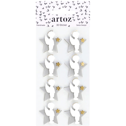 Eine Packung mit acht weißen 3D-Aufklebern „Engel mit Stern“ von Artoz Papier AG, auf denen jeweils ein zierlicher Engel abgebildet ist, der einen kleinen goldenen Stern in der Hand hält. Auf der Verpackung ist das Schweizer Design-Label „artoz“ zu sehen, und am oberen Rand ziert sie ein Muster aus winzigen schwarzen Herzen.