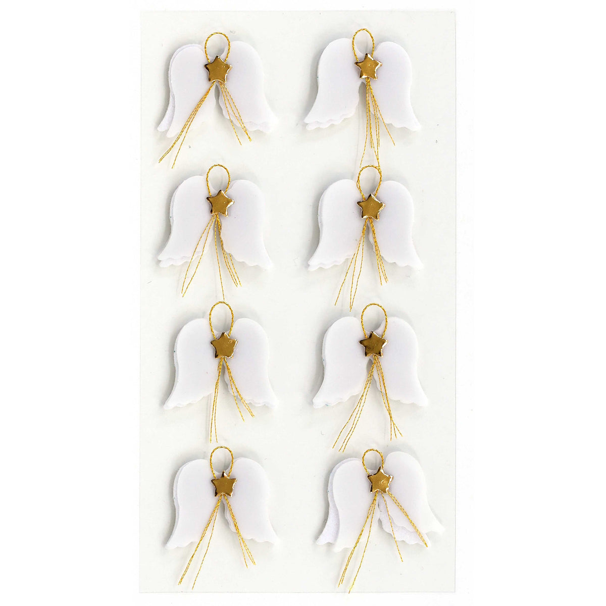 Neuf silhouettes d'anges blancs, ornées de fils dorés et de petites étoiles dorées, sont disposées en trois rangées sur un fond blanc, mettant en valeur la précision artisanale du design suisse des autocollants 3D « Engelsflügel » d'Artoz Papier AG.