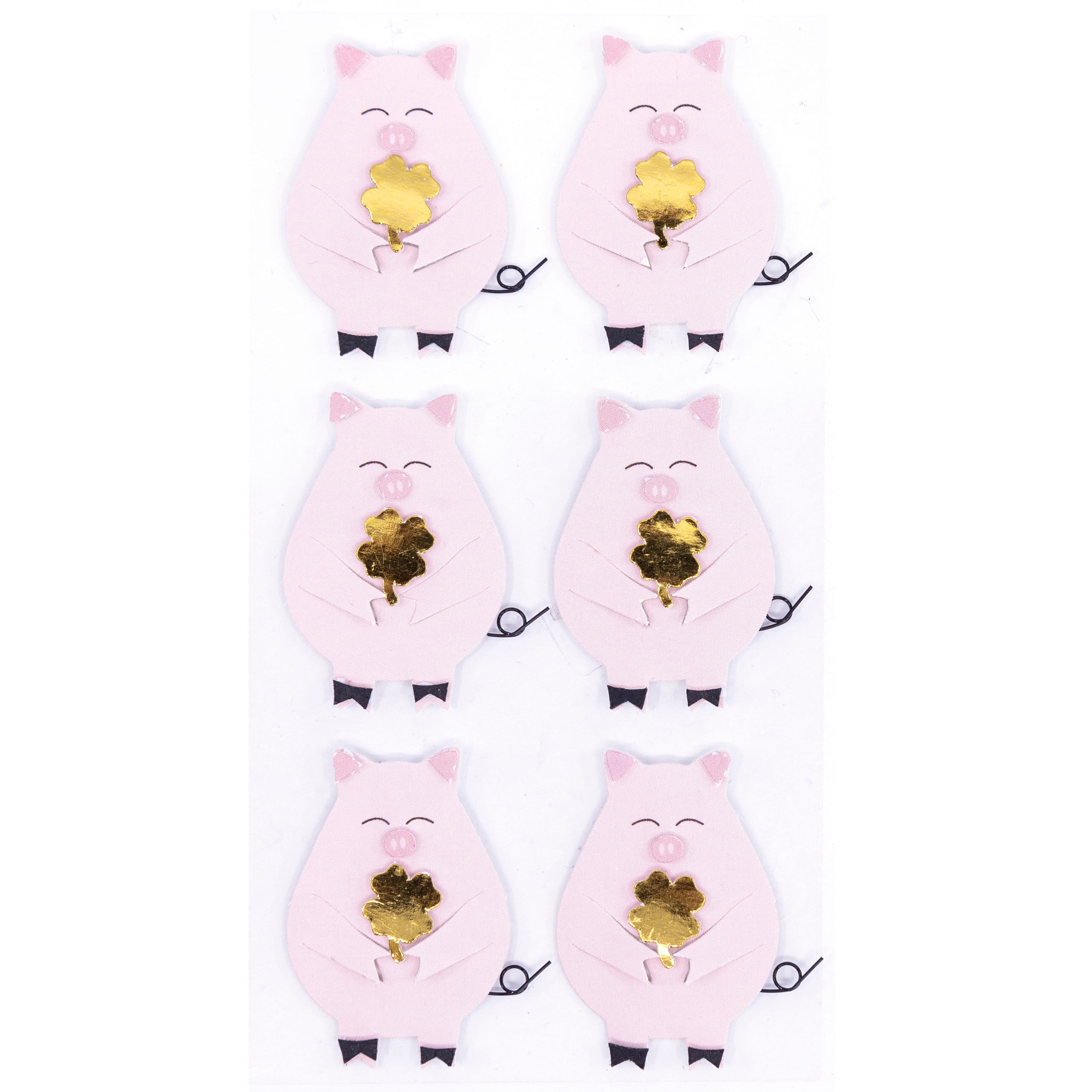 Six cochons Artoz 3D Sticker "Glücksschwein" d'Artoz Papier AG - tous roses, souriant les yeux fermés et tenant un trèfle à quatre feuilles doré - sont disposés en deux colonnes et trois rangées sur un fond blanc.