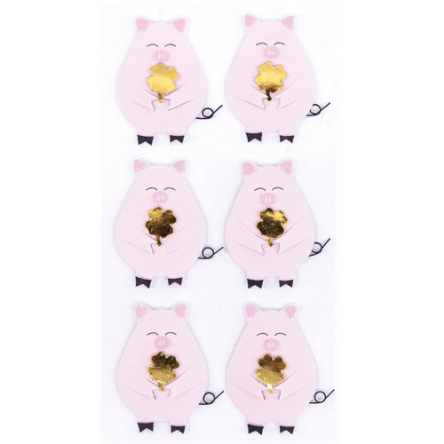 Six cochons Artoz 3D Sticker "Glücksschwein" d'Artoz Papier AG - tous roses, souriant les yeux fermés et tenant un trèfle à quatre feuilles doré - sont disposés en deux colonnes et trois rangées sur un fond blanc.
