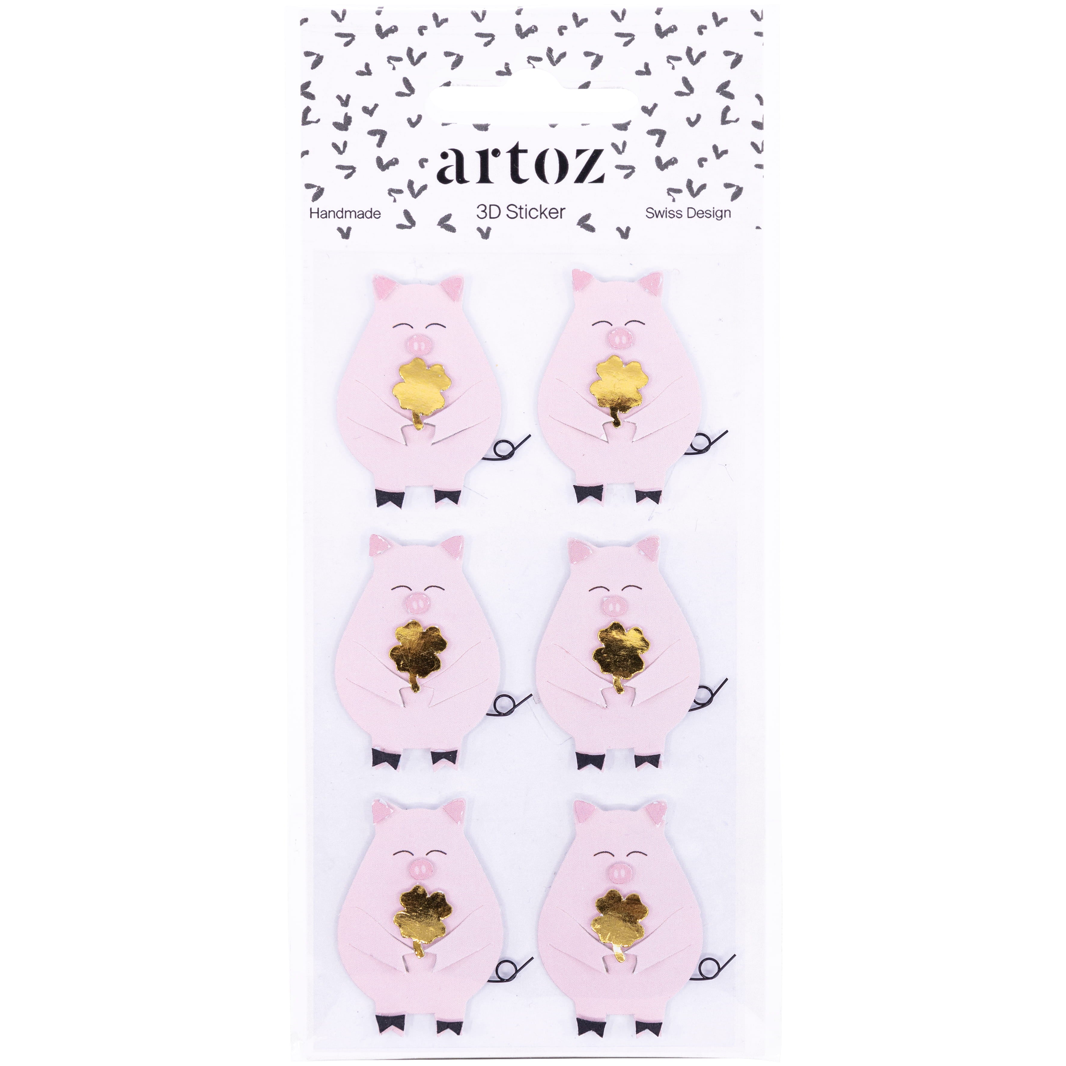 Une feuille de six autocollants Artoz 3D Sticker "Glücksschwein" d'Artoz Papier AG, chaque cochon rose tenant un trèfle à quatre feuilles doré brillant. L'emballage handgefertigt présente de petits cœurs noirs sur le dessus et se caractérise par le Schweizer Design.