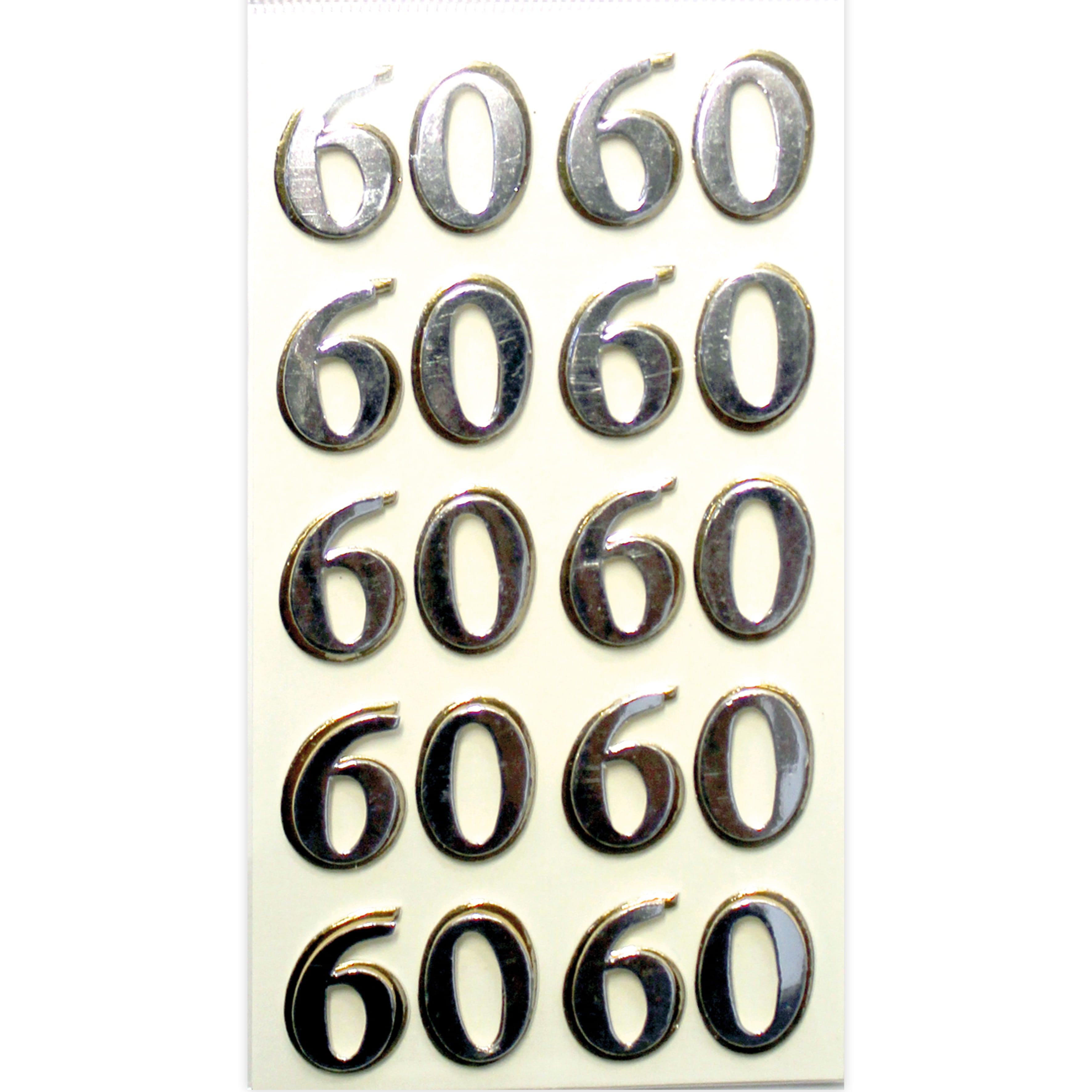 Une feuille d'Artoz Sticker "Geburtstag 60" Gold/Silber d'Artoz Papier AG présente quinze autocollants numériques métalliques disposés en cinq rangées et trois colonnes sur un fond blanc.
