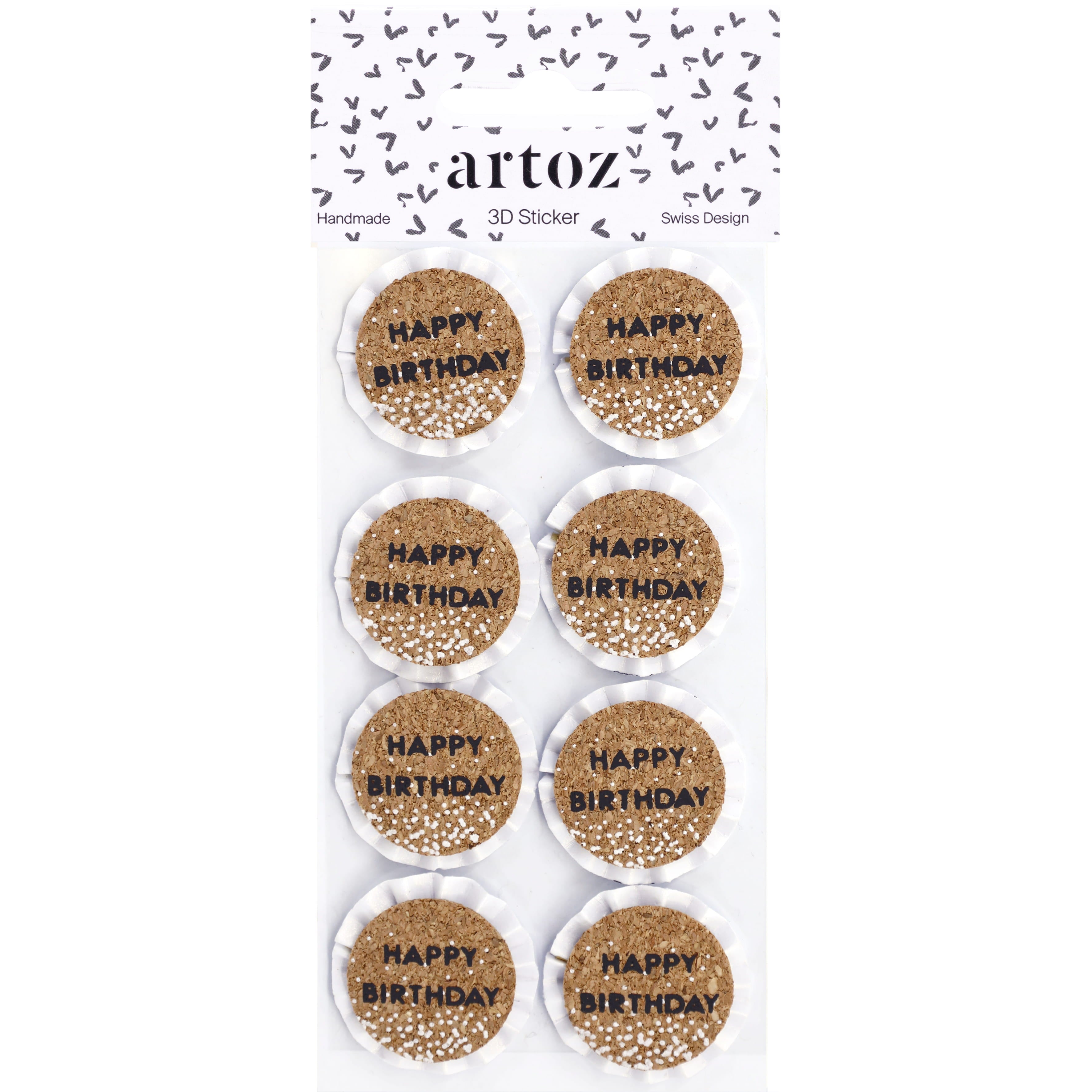 Un paquet de huit autocollants 3D Artoz Papier AG, ronds et texturés comme du liège, chacun d'entre eux étant fabriqué à la main et portant l'inscription "Happy Birthday" en texte noir avec des accents de confettis blancs. Nom du produit : Artoz 3D Sticker "Happy Birthday".