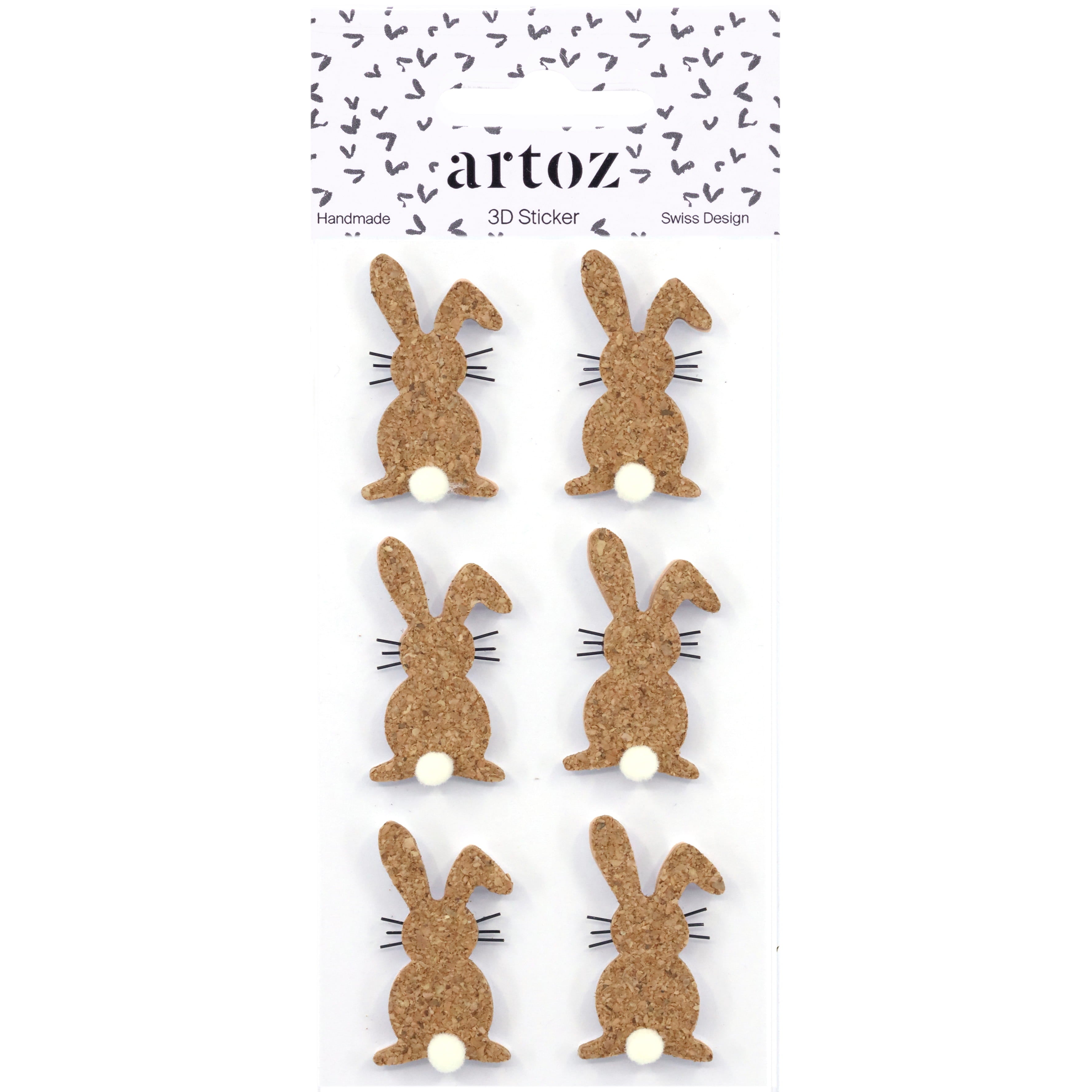 Une feuille de six silhouettes de lapin Artoz 3D Sticker "Hase Basic" avec des queues blanches et des moustaches noires, par Artoz Papier AG, avec un design suisse et un emballage en forme de cœur.