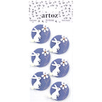 Der Artoz 3D Sticker "Hase mit Blume" der Artoz Papier AG enthält sechs runde blaue Sticker mit einem weißen sitzenden Hasen und einer Blume, handgefertigt und ideal zum Basteln, dargestellt in zwei Spalten auf weißem Hintergrund.