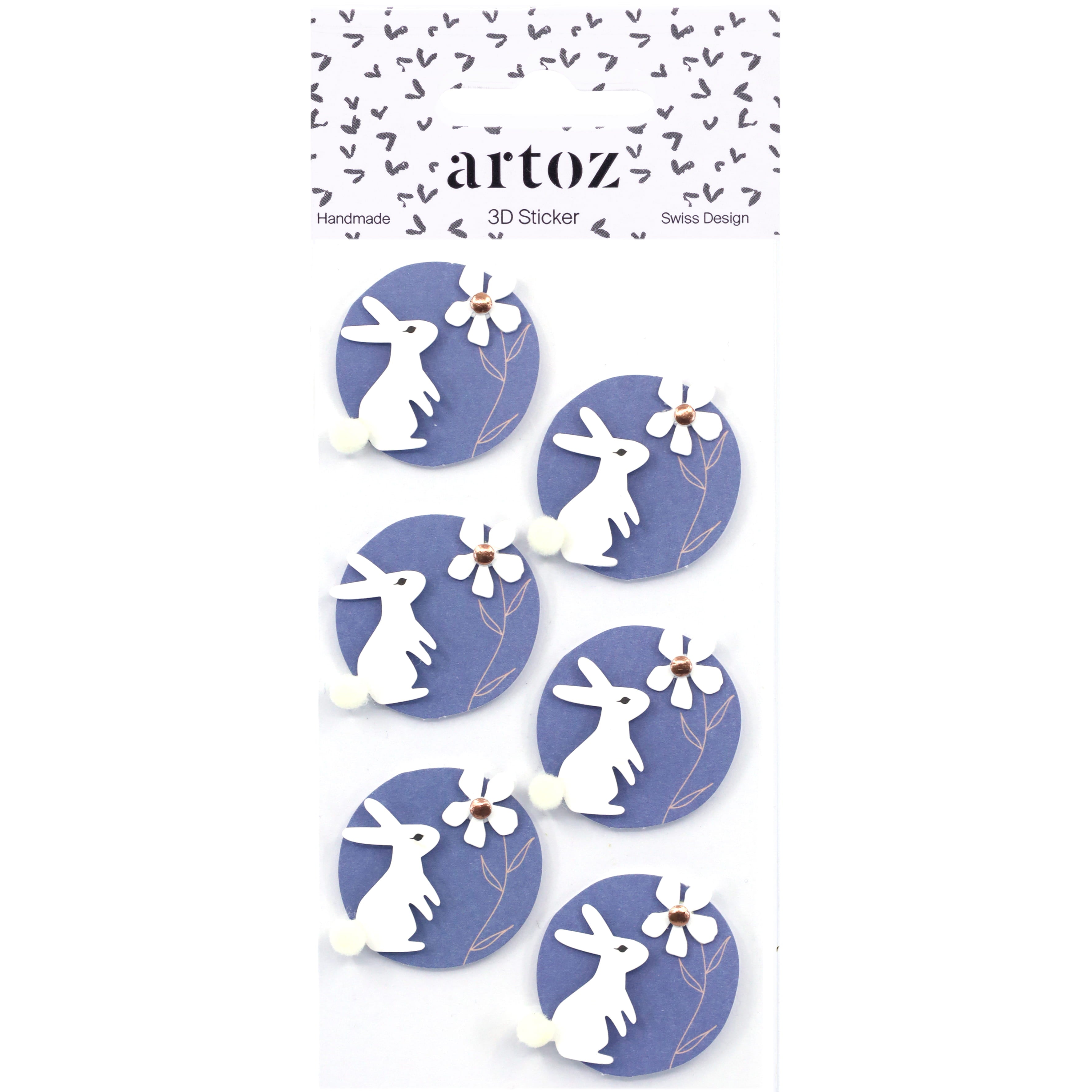L'autocollant Artoz 3D "Hase mit Blume" d'Artoz Papier AG comprend six autocollants ronds bleus avec un lapin blanc assis et une fleur, présentés en deux colonnes sur un fond blanc, et idéaux pour les Basteln.