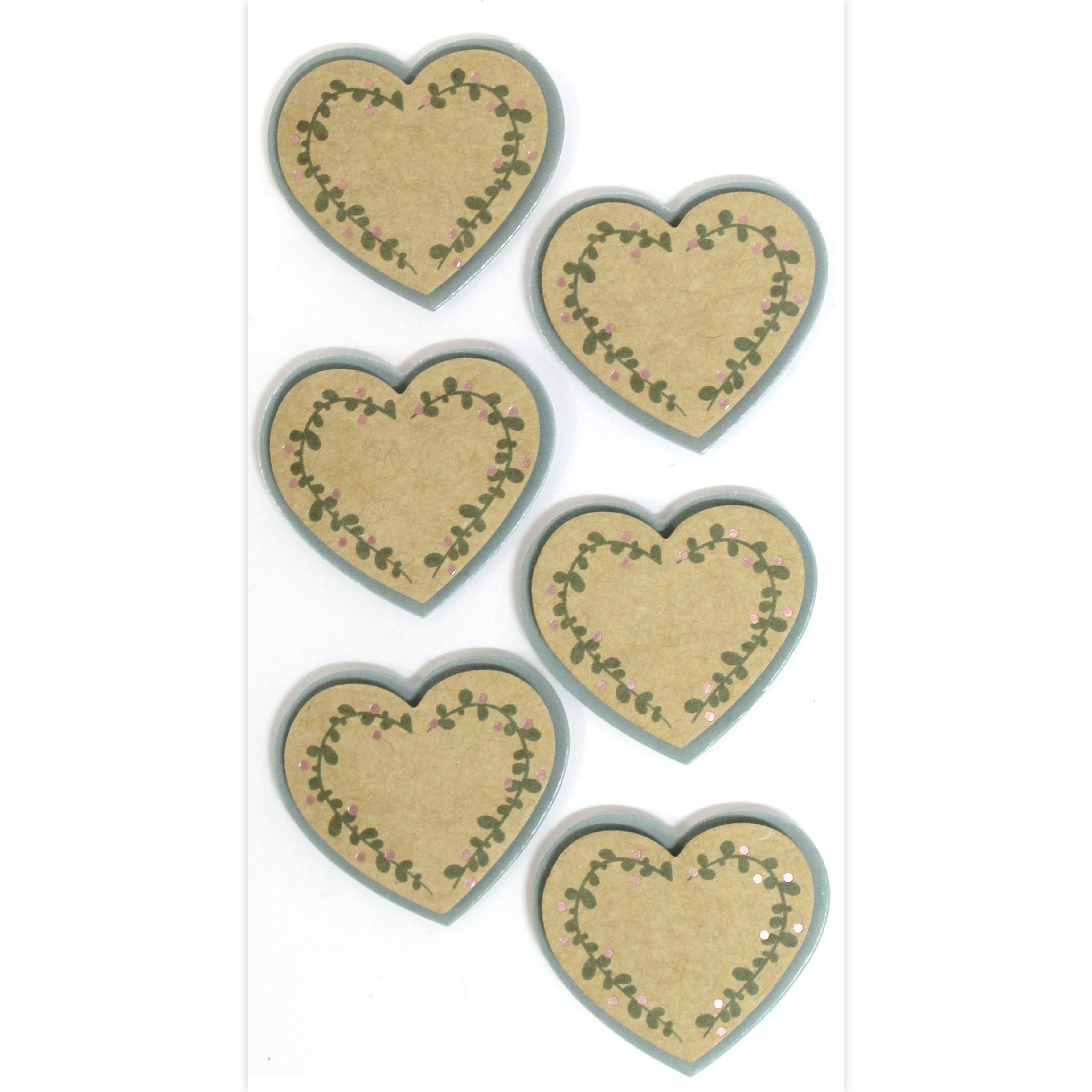 Six autocollants Artoz 3D Sticker "Herz" en forme de coeur d'Artoz Papier AG, chacun avec une bordure verte et un centre vierge, handgefertigt in Schweizer Design-idéal pour les notes ou la décoration. Disposés en deux colonnes sur fond blanc.