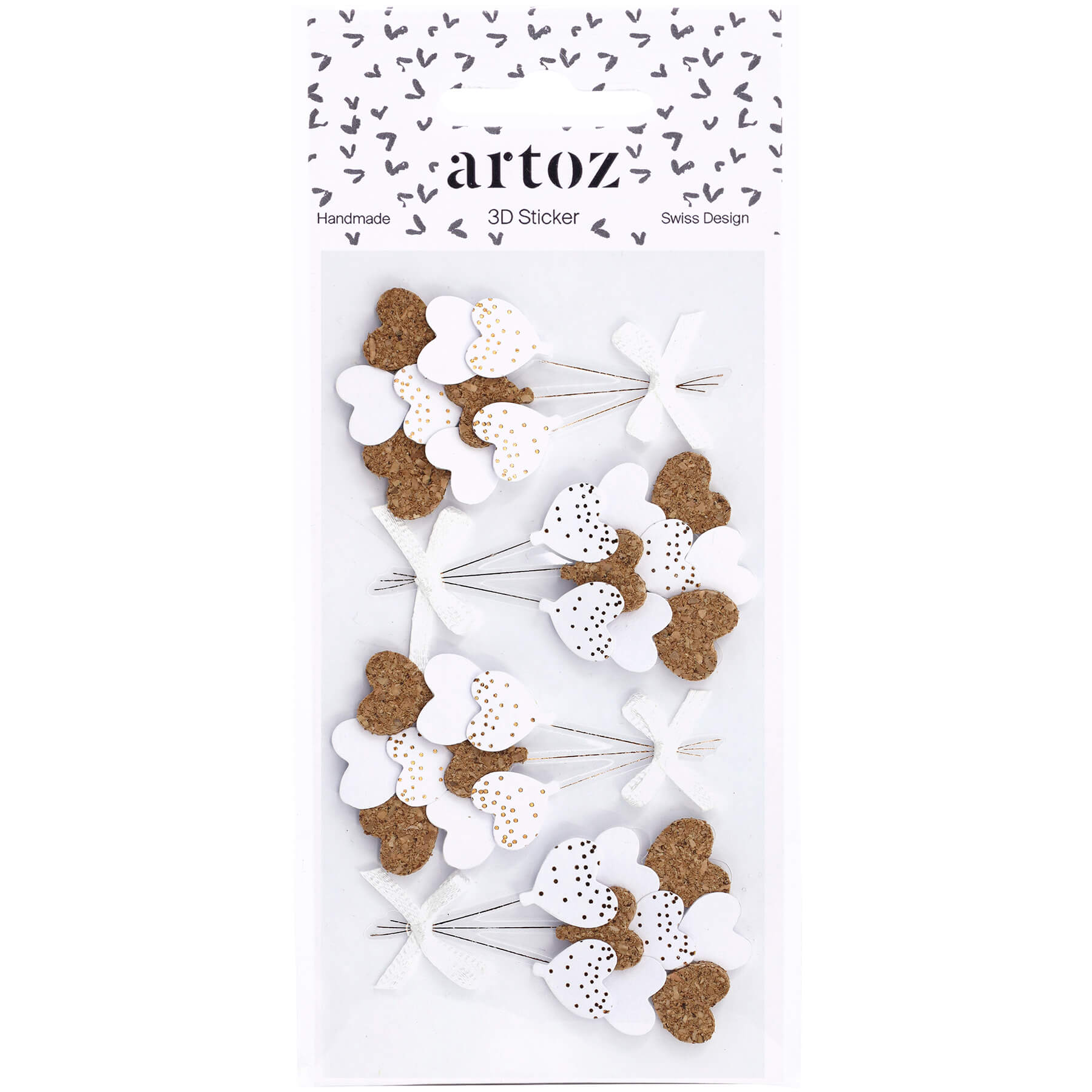 Un paquet d'autocollants 3D "Herzballone" d'Artoz Papier AG présente des bouquets de ballons en forme de cœur blancs, dorés et en liège, noués avec des nœuds. L'emballage "handgefertigt" et "Schweizer Design" est orné d'un motif en forme de cœur pour une charmante touche artisanale.