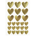 Une feuille d'Artoz Sticker Herz gold d'Artoz Papier AG présente des formes de cœur en quatre rangées graduées, de parfaits Bastelzubehör, sur un fond blanc impeccable.