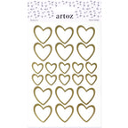 Die Artoz Sticker Herzen von Artoz Papier AG bieten goldene, herzförmige Sticker in verschiedenen Größen auf einem weißen Blatt mit kleinen grauen Herzen und dem Schriftzug "artoz" - perfekt für Bastelarbeiten mit handgemachtem Schweizer Flair.