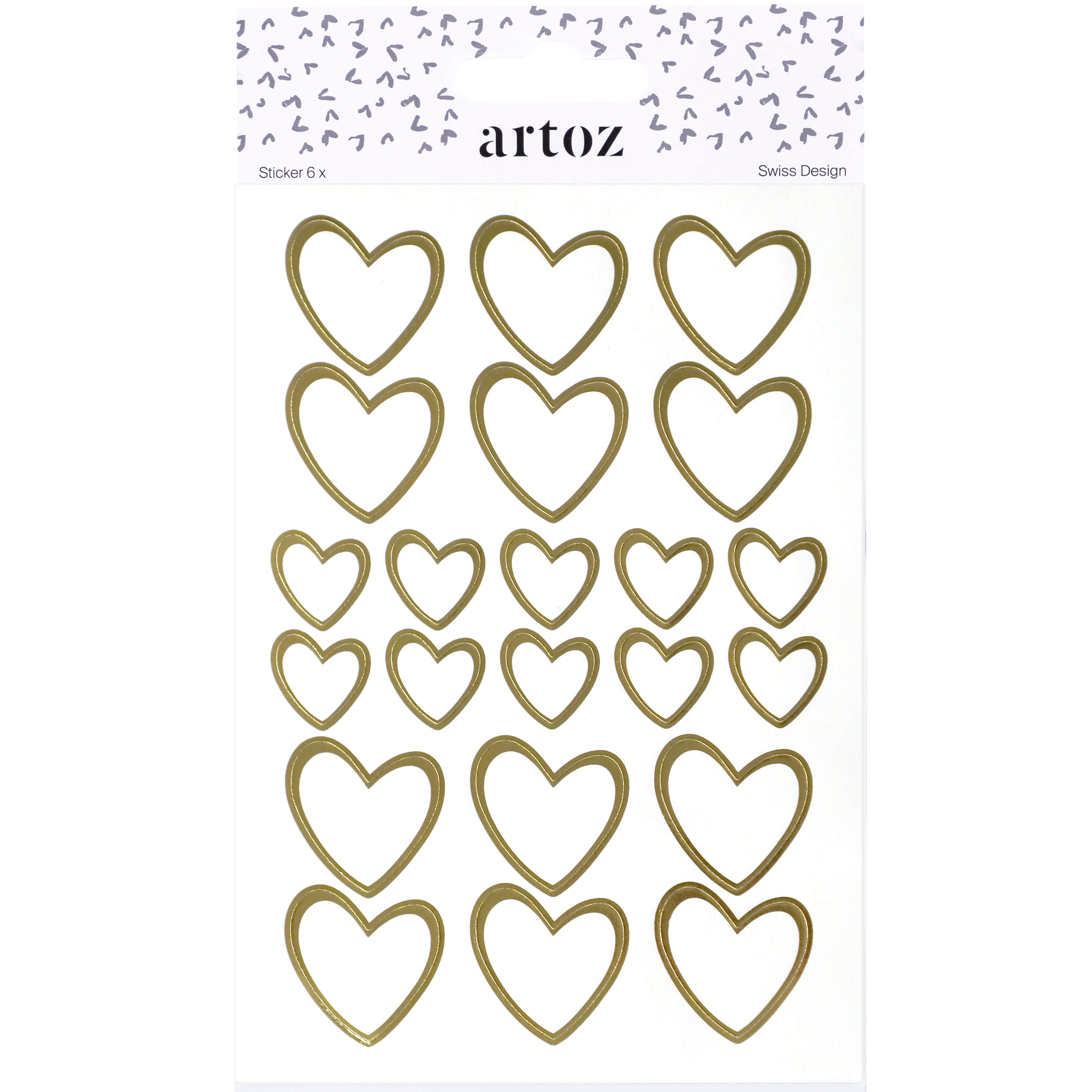 Die Artoz Sticker Herzen von Artoz Papier AG bieten goldene, herzförmige Sticker in verschiedenen Größen auf einem weißen Blatt mit kleinen grauen Herzen und dem Schriftzug "artoz" - perfekt für Bastelarbeiten mit handgemachtem Schweizer Flair.