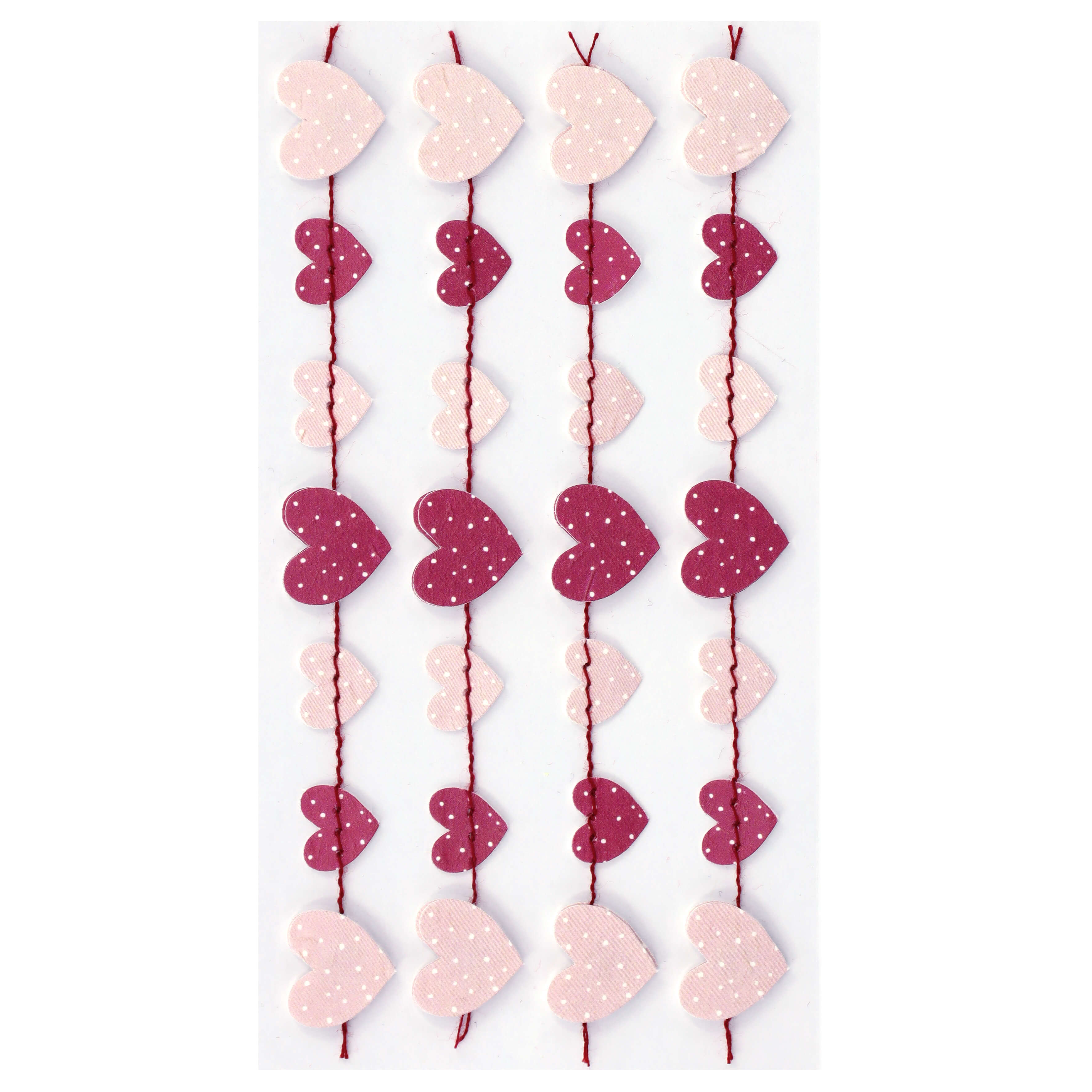 Cinq cordes verticales avec des cœurs roses et rouges alternés, chacun avec des points blancs, soigneusement disposées sur du blanc. Inspiré par le design suisse et fait à la main avec amour : Autocollant Artoz 3D "Herzgirlande" d'Artoz Papier AG.