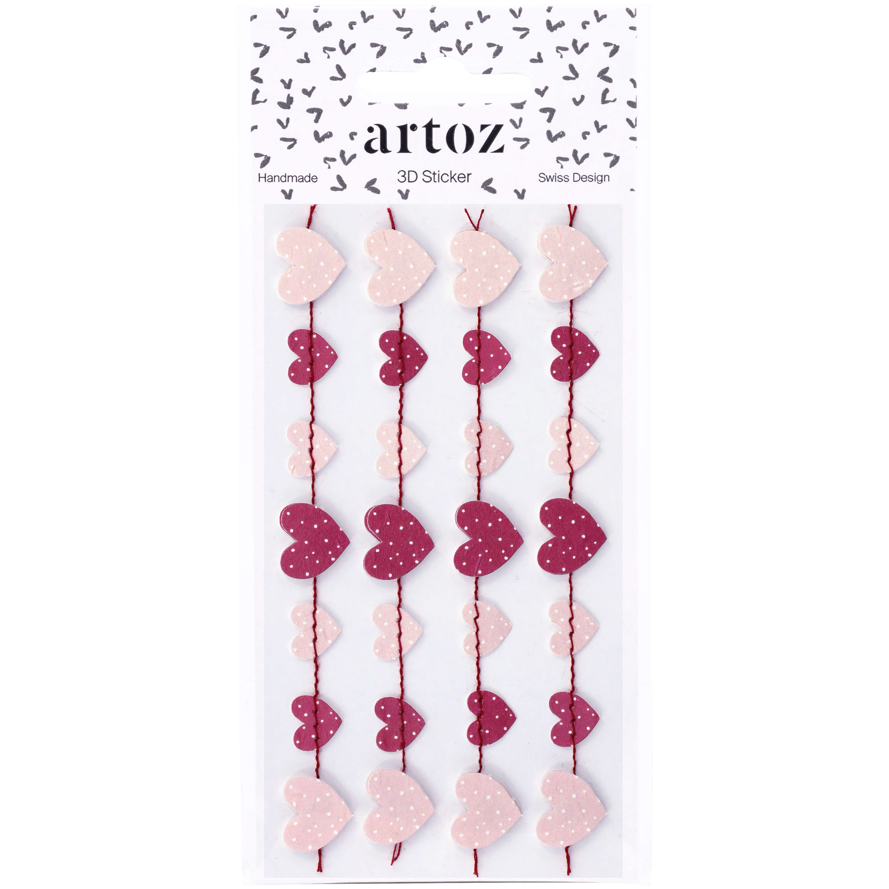 L'autocollant 3D "Herzgirlande" d'Artoz Papier AG présente des autocollants roses et rouges en forme de cœur avec des pois en rangées verticales. L'emballage met en valeur le Schweizer Design, avec un fond blanc et de petits cœurs noirs en haut.