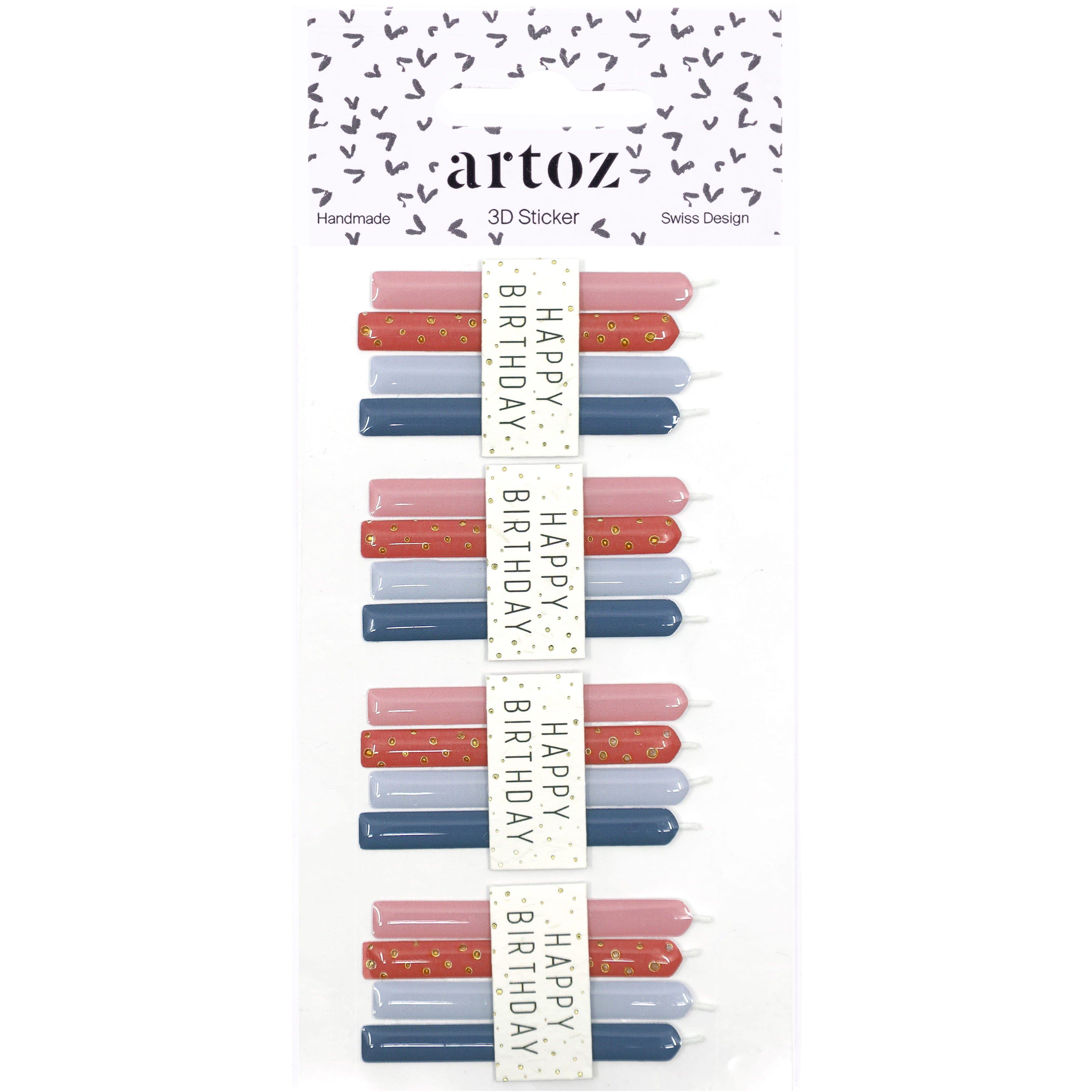 Le pack Artoz Papier AG 3D Sticker "Kerzen Happy Birthday" comprend des autocollants de bougies d'anniversaire roses, rouges et bleues disposées en rangées avec des bannières blanches "Happy Birthday" - Bastelzubehör idéal pour des célébrations créatives.