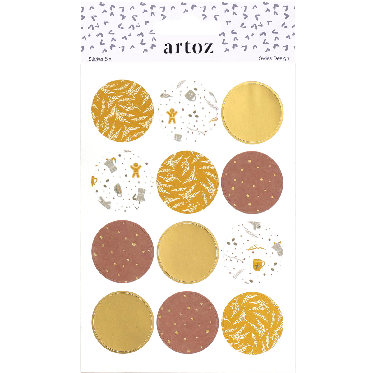 Une feuille de 12 autocollants ronds « Kreise farbig » de la marque Artoz Papier AG, dans des tons dorés, marron et blancs, ornés de motifs tels que des pois, des feuilles et des illustrations festives de Noël, comme des bonhommes en pain d'épices et des tasses. Idéaux pour les projets de décoration DIY, ils portent en haut l'étiquette « Artoz Sticker 6x Swiss Design ».