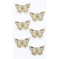 Sechs Artoz 3D Sticker "Schmetterling gold" von Artoz Papier AG sind in zwei Spalten und drei Reihen auf weißem Hintergrund angeordnet und zeigen symmetrische, ausgestanzte Flügelmuster.