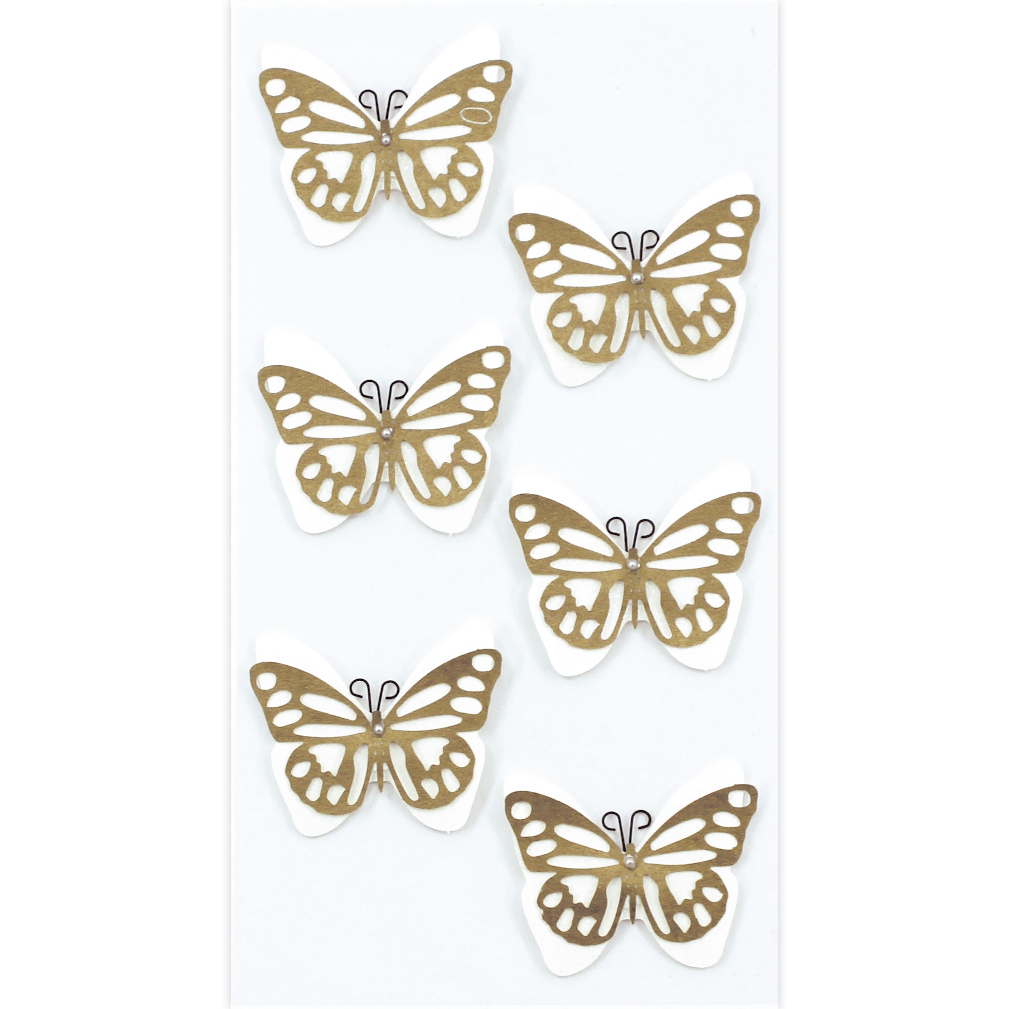 Les sept autocollants Artoz 3D "Schmetterling gold" d'Artoz Papier AG sont répartis en deux espaces et trois rangées sur un fond bleu et présentent des motifs de flûtes symétriques.