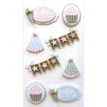 Der Artoz 3D Sticker "Set Geburtstag" von Artoz Papier AG enthält handgefertigte Sticker mit pastellfarbenen Cupcakes, Partyhüten, Eistüten, Happy Birthday-Schildern und Sternbannern auf weißem Hintergrund.