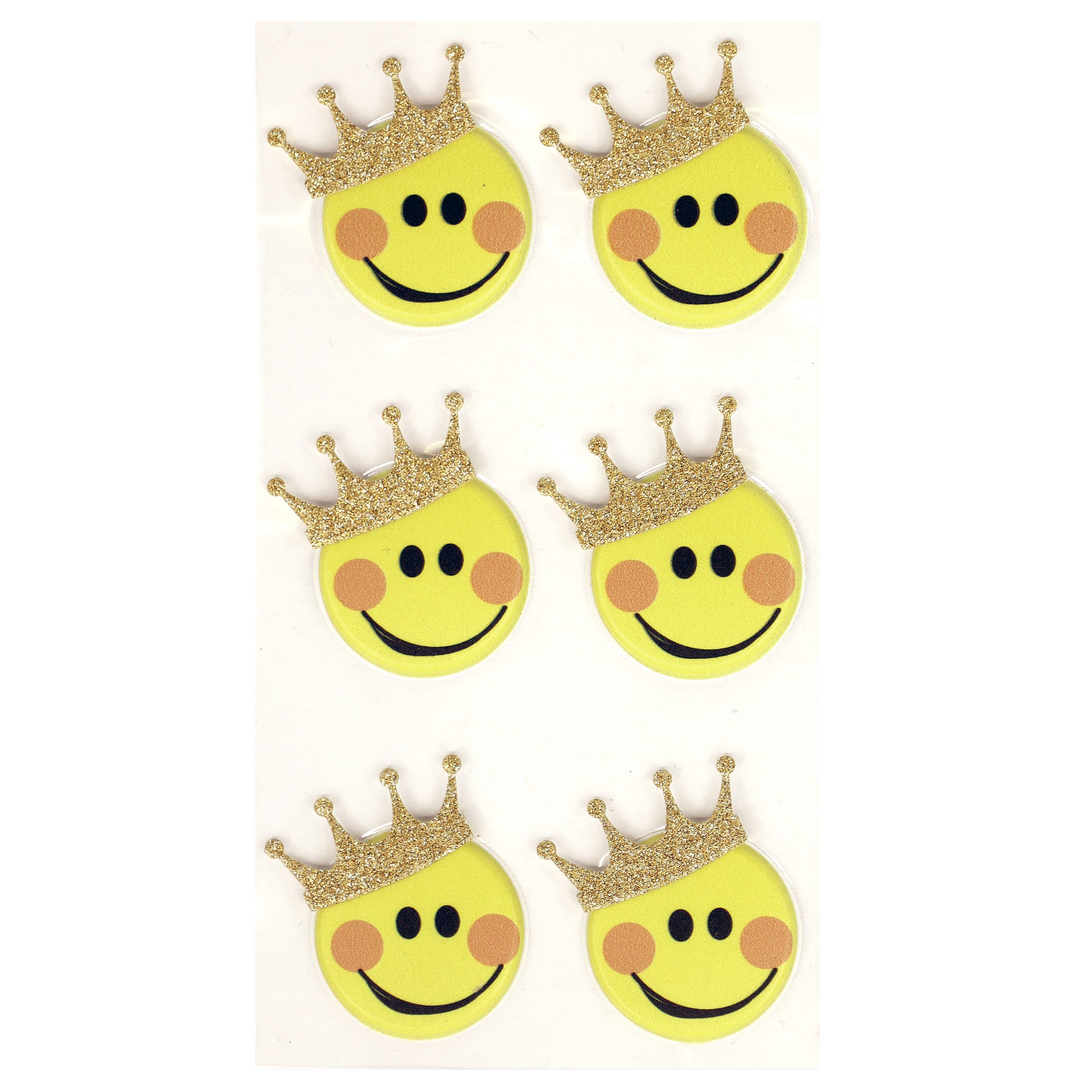 Six smileys jaunes avec des joues roses et des couronnes de paillettes dorées, disposés en deux colonnes sur fond blanc - un adorable set d'Artoz 3D Sticker "Smiley" d'Artoz Papier AG avec Schweizer Design.