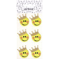 Sechs gelbe Smiley-Sticker mit glitzernden goldenen Kronen sind in zwei Reihen auf einer weissen Karte mit der Aufschrift "Artoz 3D Sticker 'Smiley'" der Artoz Papier AG in handwerklichem Schweizer Design angeordnet.