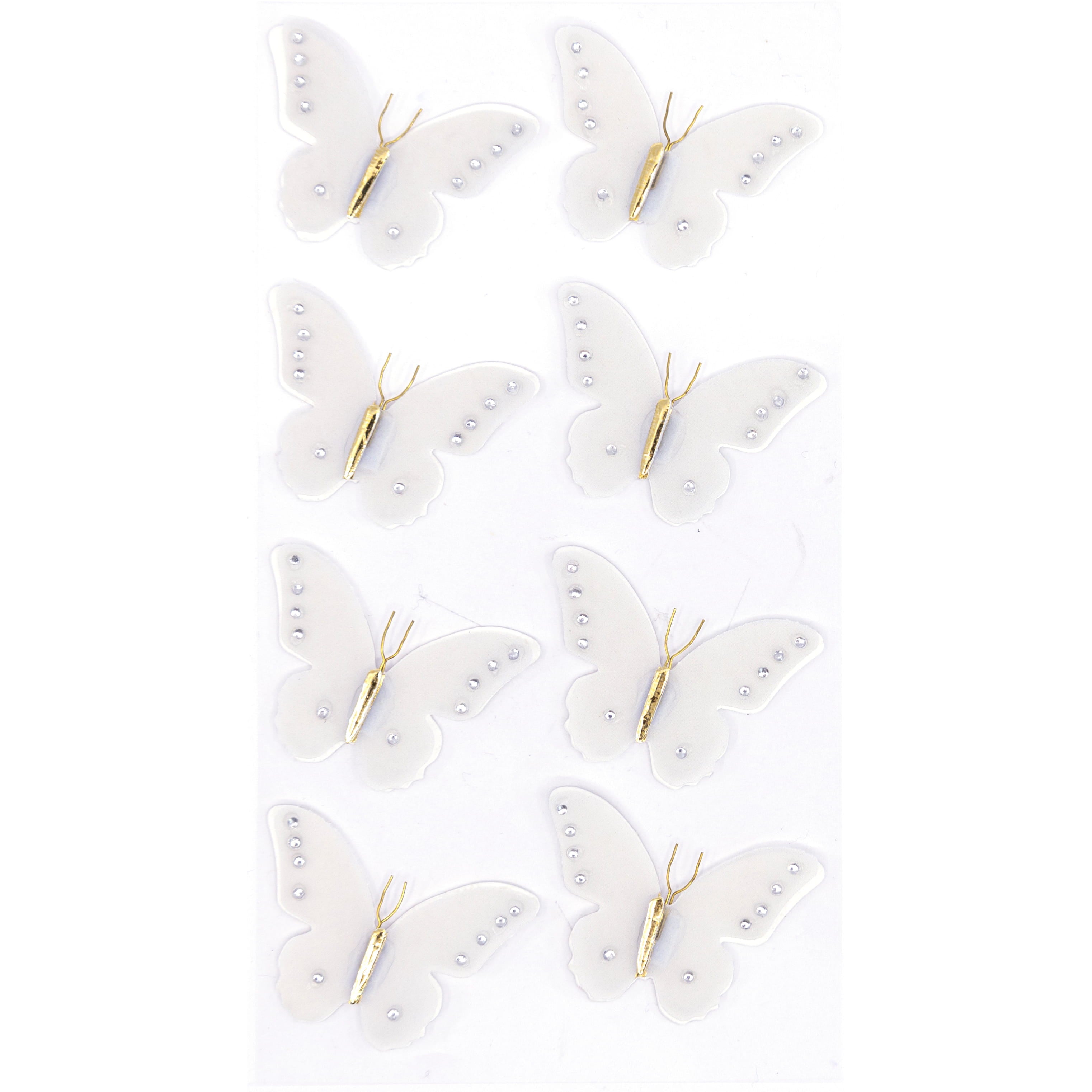 Huit délicats papillons blancs Artoz 3D Sticker "Sommervogel" d'Artoz Papier AG, fabriqués à la main avec des perles, des corps et des antennes dorés, disposés en deux rangées décalées sur un fond blanc uni, dans un élégant design suisse.