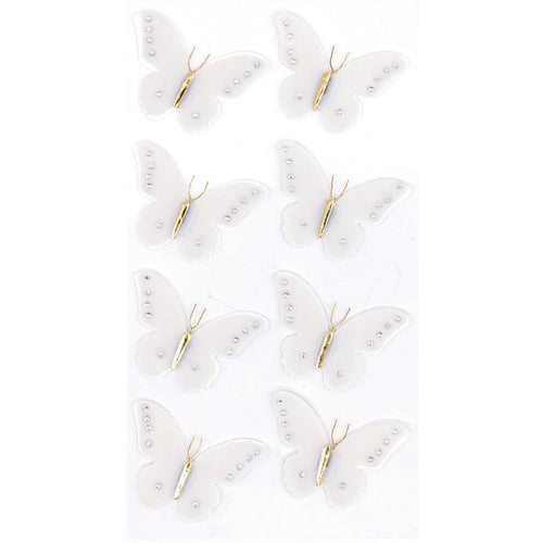 Huit délicats papillons blancs Artoz 3D Sticker "Sommervogel" d'Artoz Papier AG, fabriqués à la main avec des perles, des corps et des antennes dorés, disposés en deux rangées décalées sur un fond blanc uni, dans un élégant design suisse.