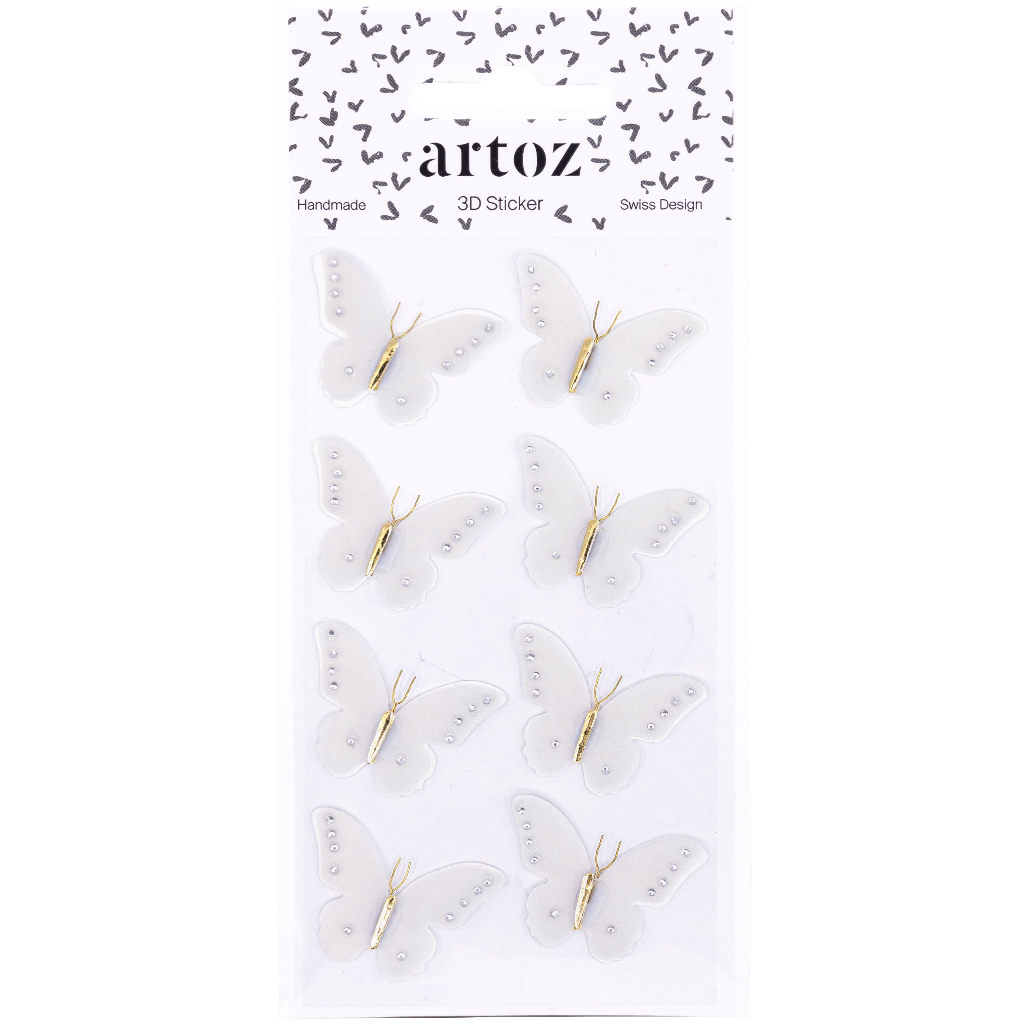 Un paquet de neuf autocollants papillons 3D blancs handgefertigt avec des antennes dorées, disposés en trois rangées sur une carte blanche étiquetée Artoz 3D Sticker "Sommervogel" par Artoz Papier AG, avec des cœurs noirs et Schweizer Design.