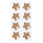 Huit autocollants brillants en forme d'étoile dorée, chacun comportant une petite étoile blanche découpée, disposés en deux colonnes verticales sur une feuille rectangulaire blanche : ces décorations « Artoz 3D Sticker Stern Kork » de la marque Artoz Papier AG apportent une touche charmante à vos projets créatifs.