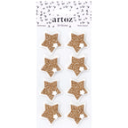 Un paquet portant la mention « Artoz 3D Sticker Étoile Liège » de la société Artoz Papier AG contient huit autocollants en forme d'étoile pailletés dorés avec un bord blanc, disposés en deux rangées sur un fond blanc orné de petits motifs de cœurs noirs, ce qui met particulièrement en valeur le charme des autocollants faits main.