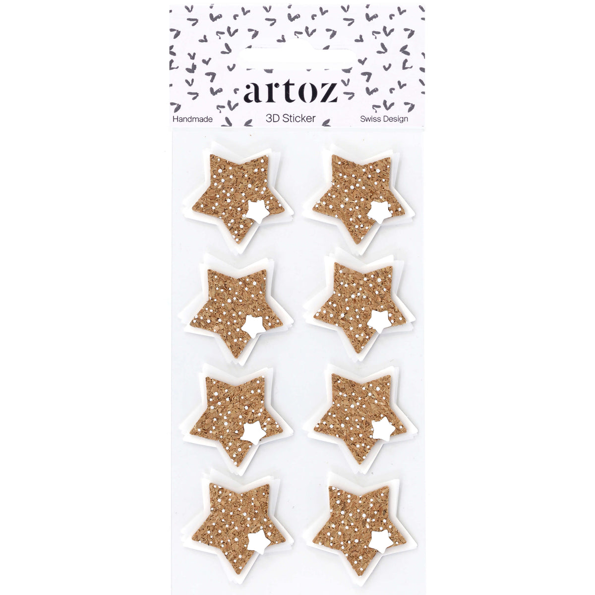 Un paquet portant la mention « Artoz 3D Sticker Étoile Liège » de la société Artoz Papier AG contient huit autocollants en forme d'étoile pailletés dorés avec un bord blanc, disposés en deux rangées sur un fond blanc orné de petits motifs de cœurs noirs, ce qui met particulièrement en valeur le charme des autocollants faits main.