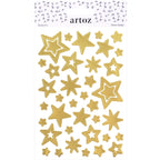 Une feuille « Artoz Sticker Sternen Gold » de la société Artoz Papier AG, comprenant une sélection d'autocollants dorés en forme d'étoile, de différentes tailles et de différents styles – tant pleins que en contour – sur fond blanc. Cette feuille est idéale pour les projets de décoration DIY et porte le logo « artoz ».