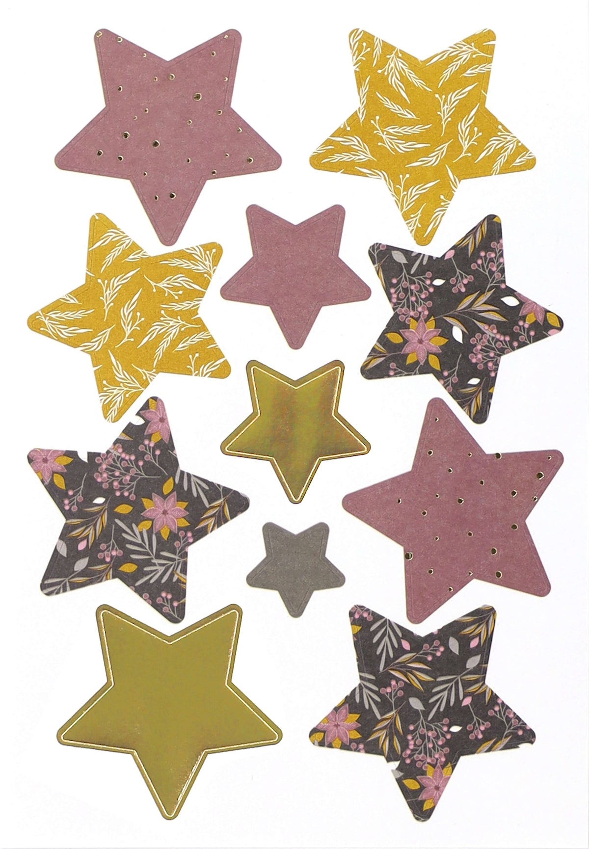 Douze autocollants Artoz « Sternen » de différentes couleurs, par Artoz Papier AG — des autocollants en forme d'étoile de tailles et de motifs variés, tels que des motifs floraux, dorés unis, jaune moutarde et mauve — disposés sur un fond blanc. Parfaits pour les projets de décoration DIY, ces autocollants apportent une touche ravissante à tout travail manuel ou créatif.