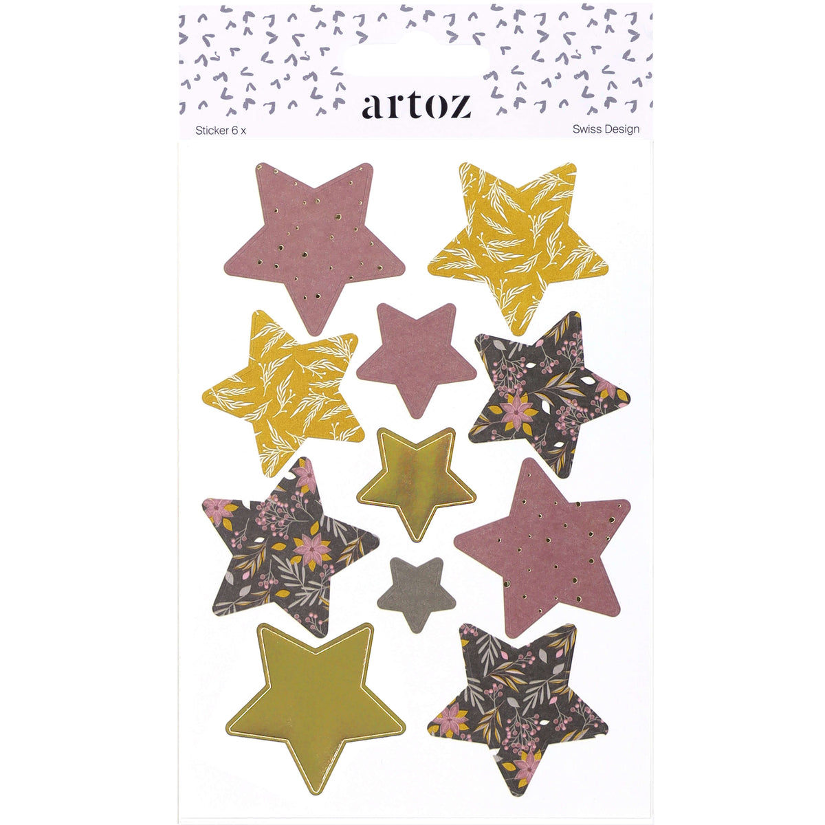 Une feuille issue de la collection « Artoz Sticker Sternen Diverse Farben » d'Artoz Papier AG, comprenant des autocollants en forme d'étoiles aux motifs dorés, roses et floraux — parfaits pour les projets de décoration DIY. Les étoiles, de tailles variées, sont disposées sur un fond blanc orné de minuscules étoiles grises dans la partie supérieure.