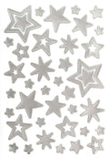 Un ravissant assortiment d'étoiles argentées métallisées de différentes tailles, disposées avec art sur un fond blanc uni — idéal pour vos projets de bricolage ou de décoration. Les autocollants « Artoz Sticker Sterne Silber » d'Artoz Papier AG apportent une touche étincelante à vos décorations créatives et à vos réalisations artistiques.