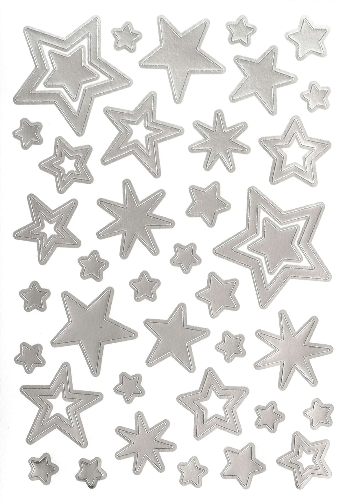 Un ravissant assortiment d'étoiles argentées métallisées de différentes tailles, disposées avec art sur un fond blanc uni — idéal pour vos projets de bricolage ou de décoration. Les autocollants « Artoz Sticker Sterne Silber » d'Artoz Papier AG apportent une touche étincelante à vos décorations créatives et à vos réalisations artistiques.