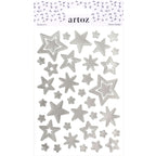 Une feuille « Artoz Sticker Sterne Silber » d'Artoz Papier AG contient une sélection d'autocollants en forme d'étoiles argentées de différentes tailles et de différents modèles sur fond blanc, portant le nom de la marque et une bande décorative en haut de la feuille – idéale pour les projets de décoration DIY.