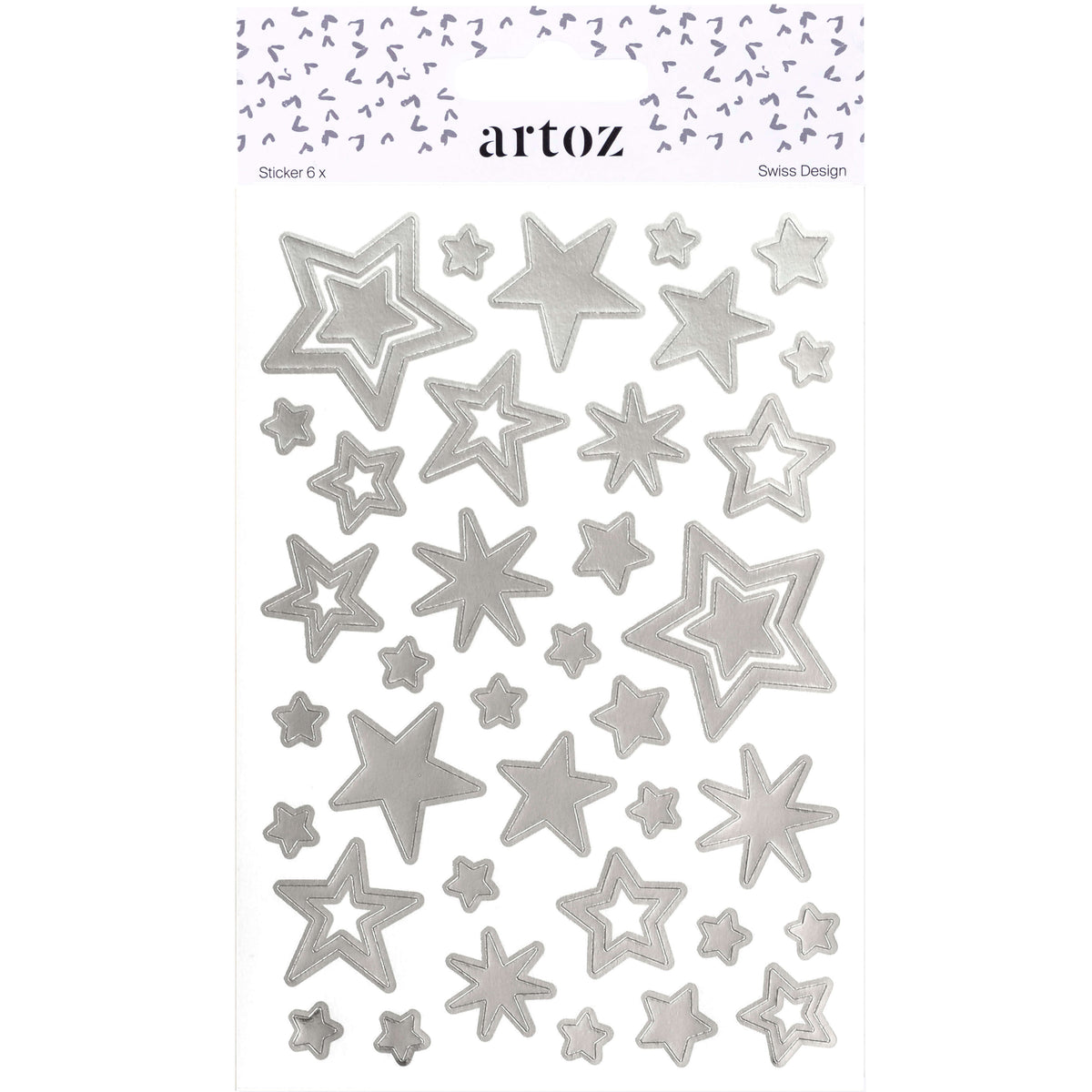Une feuille « Artoz Sticker Sterne Silber » d'Artoz Papier AG contient une sélection d'autocollants en forme d'étoiles argentées de différentes tailles et de différents modèles sur fond blanc, portant le nom de la marque et une bande décorative en haut de la feuille – idéale pour les projets de décoration DIY.
