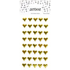 Ein Bogen Artoz Strass Sticker Herz goldfarbene 3D-Sticker in Herzform, angeordnet in fünf Reihen, von Artoz Papier AG, mit dekorativen schwarzen Formen und klassischem Schweizer Design auf der Verpackungsoberseite.