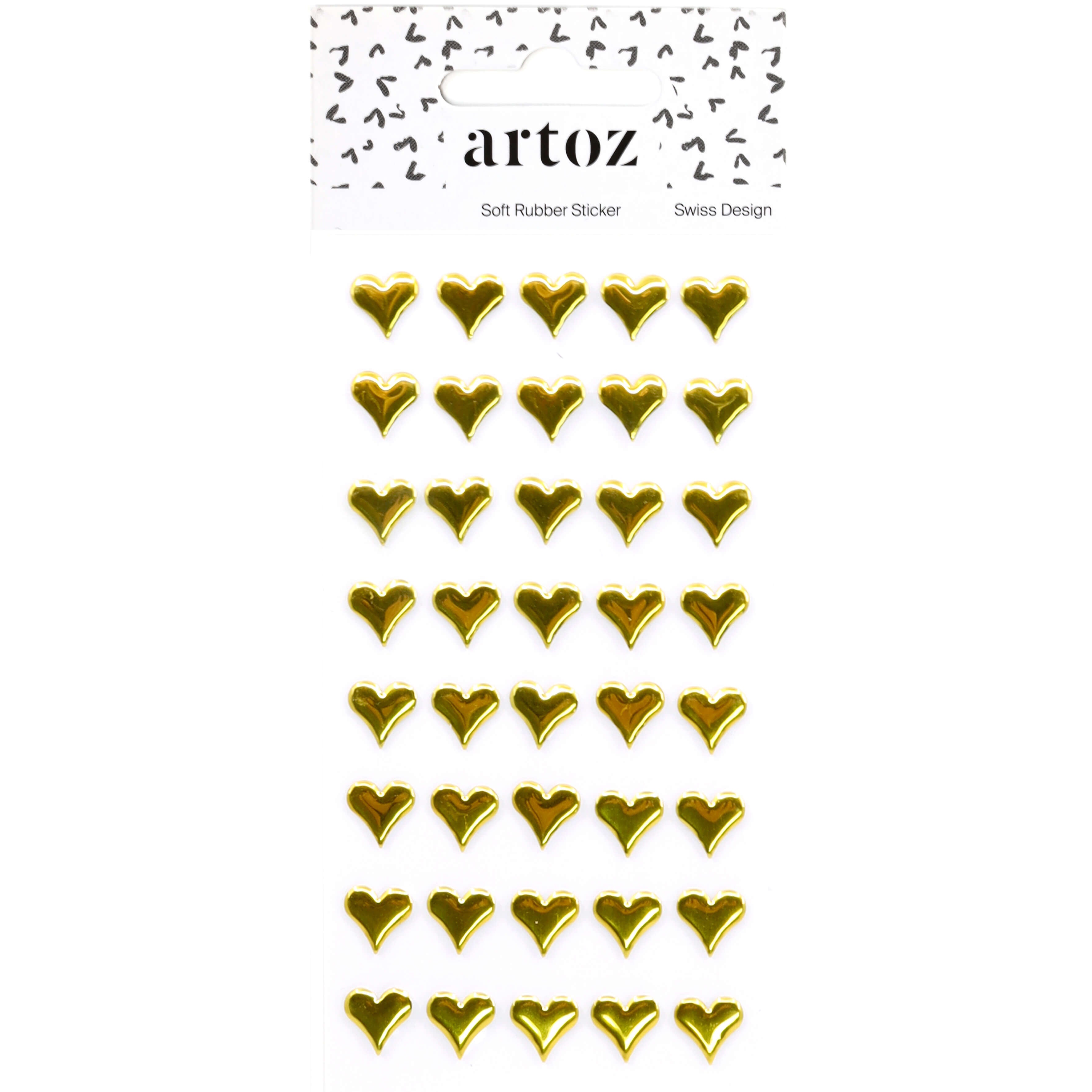 Ein Bogen Artoz Strass Sticker Herz goldfarbene 3D-Sticker in Herzform, angeordnet in fünf Reihen, von Artoz Papier AG, mit dekorativen schwarzen Formen und klassischem Schweizer Design auf der Verpackungsoberseite.