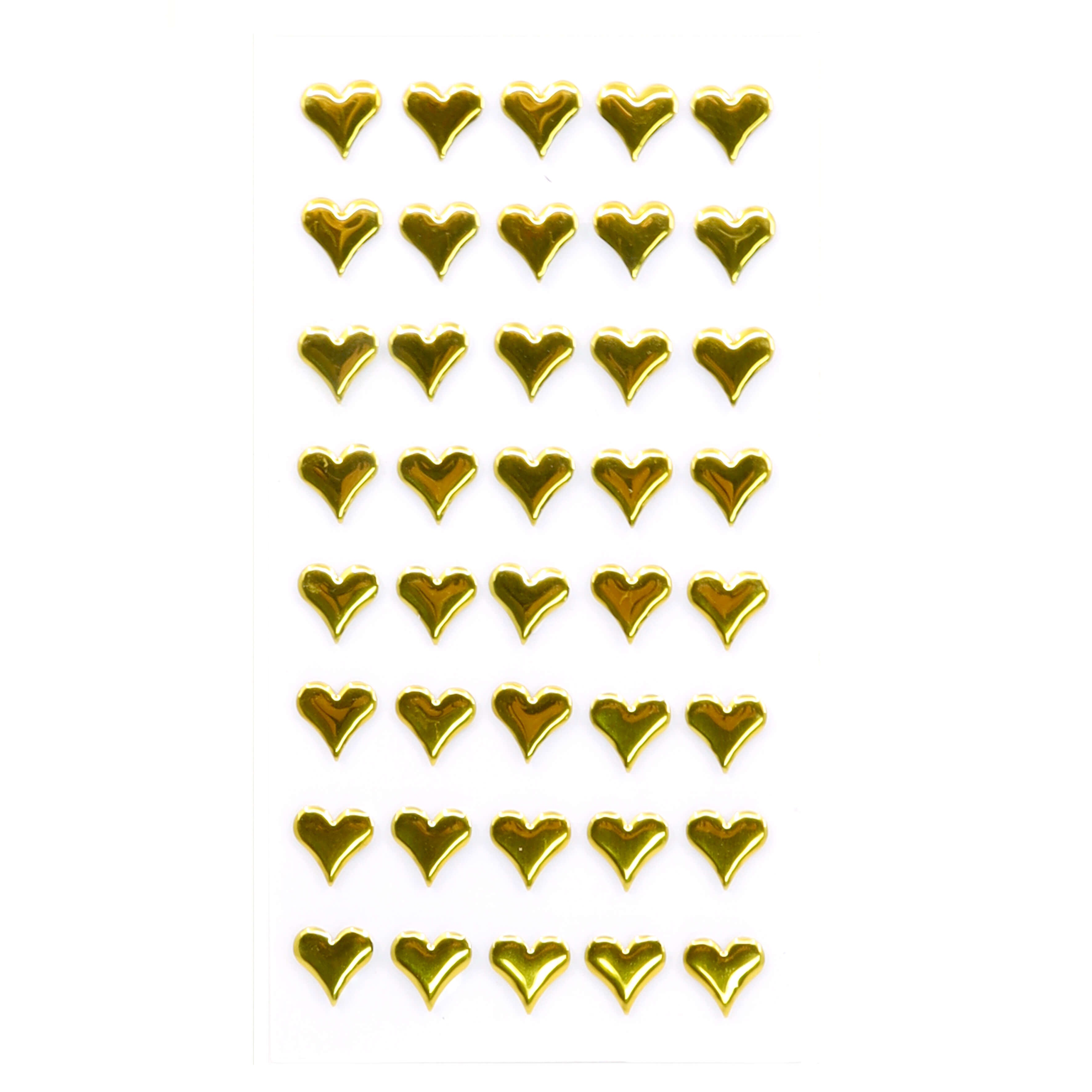 Ein Bogen Artoz Strass Sticker Herz goldene herzförmige Sticker der Artoz Papier AG, angeordnet in einem Raster auf weißem Hintergrund und mit elegantem Schweizer Design.