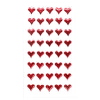 Ein Bogen Artoz Strass Sticker Herz rot von Artoz Papier AG zeigt leuchtend rote, herzförmige Sticker in einem Raster auf Weiß, die stilvolles Schweizer Design im eleganten Artoz 3D-Sticker-Stil widerspiegeln.