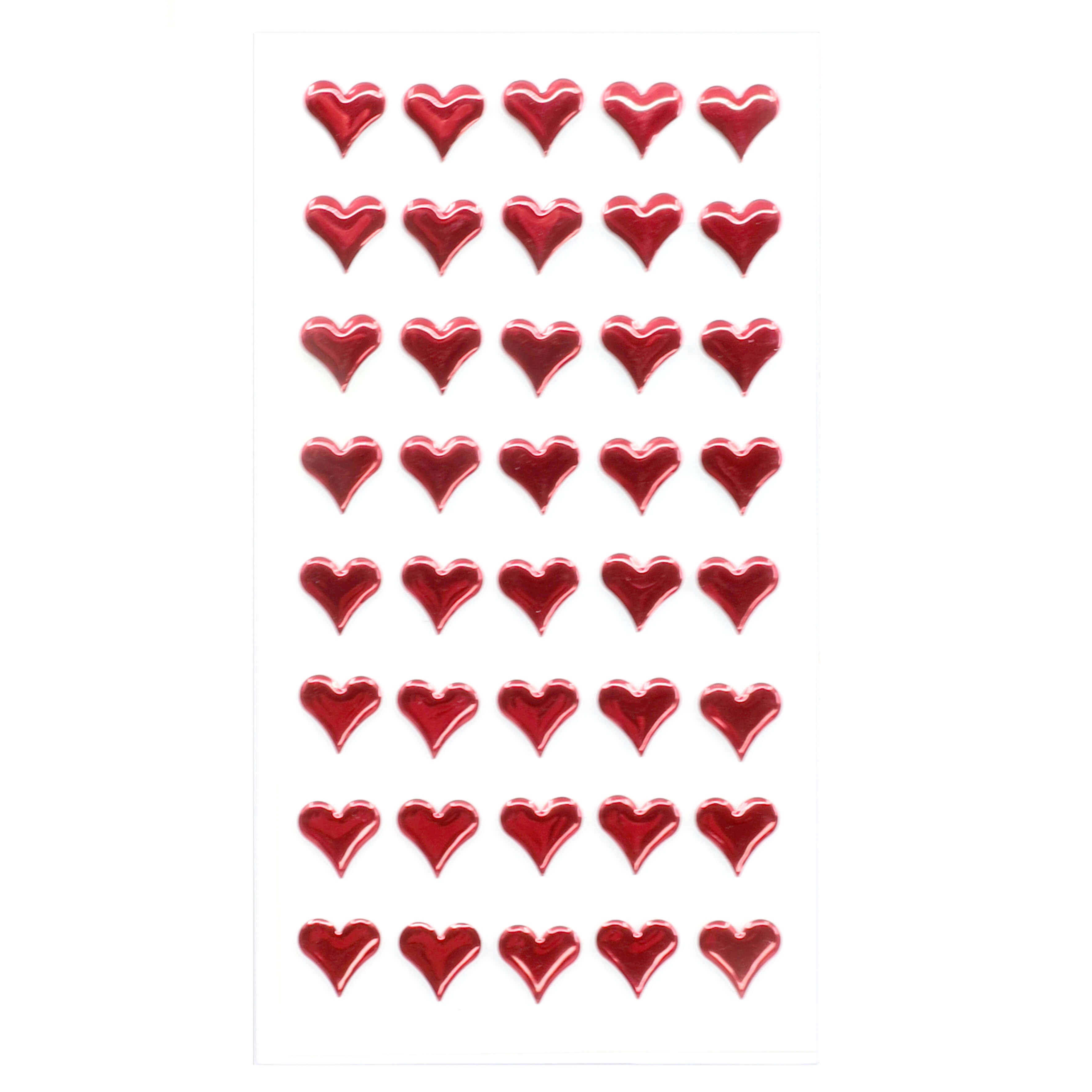 Ein Bogen Artoz Strass Sticker Herz rot von Artoz Papier AG zeigt leuchtend rote, herzförmige Sticker in einem Raster auf Weiß, die stilvolles Schweizer Design im eleganten Artoz 3D-Sticker-Stil widerspiegeln.