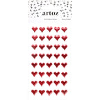 Der Artoz Strass Sticker Herz rot der Artoz Papier AG besteht aus roten, herzförmigen Weichgummi-Stickern, die in fünf Reihen angeordnet und als 3D-Stickerbogen im Schweizer Design mit weißem Header und kleinen schwarzen Formen verpackt sind.