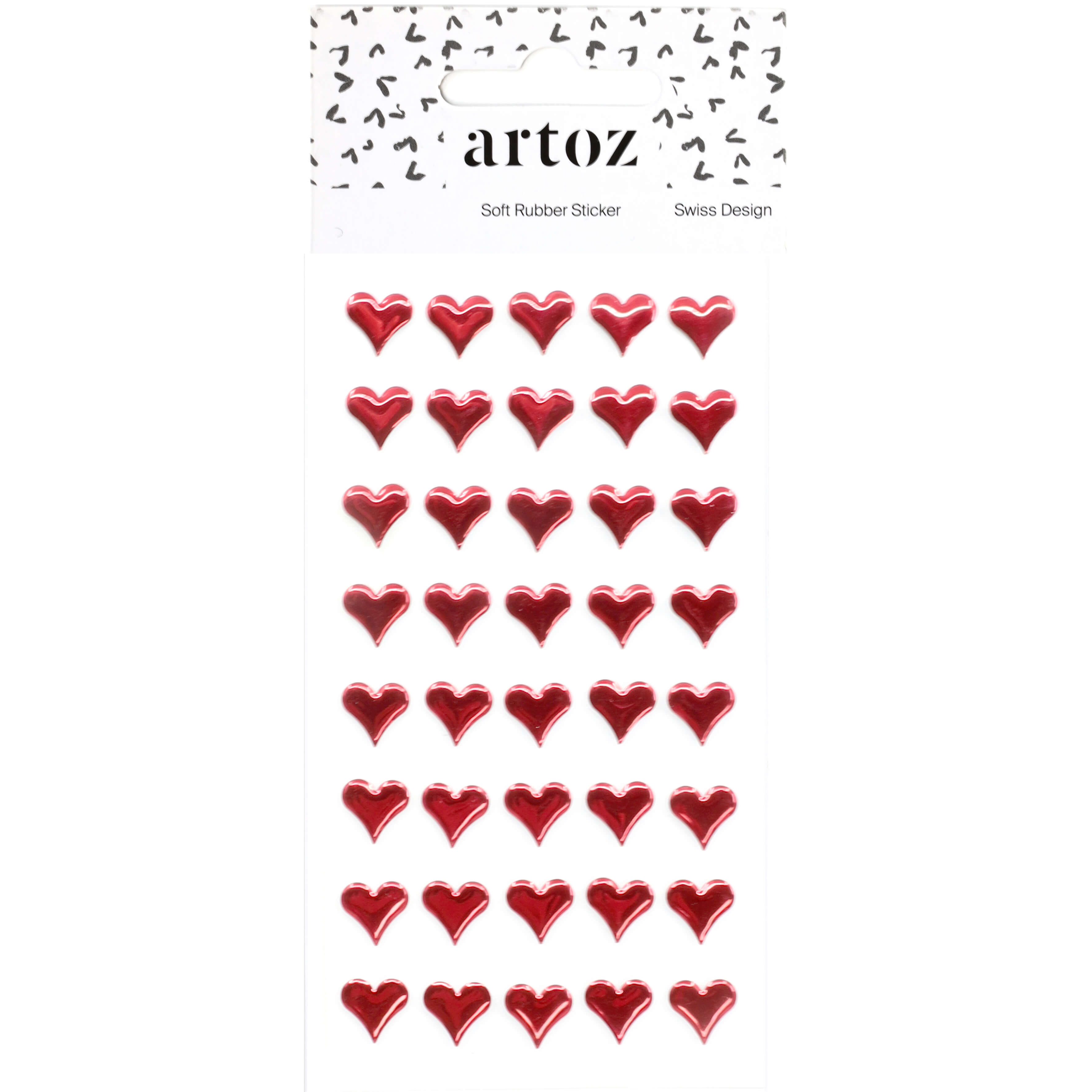 Der Artoz Strass Sticker Herz rot der Artoz Papier AG besteht aus roten, herzförmigen Weichgummi-Stickern, die in fünf Reihen angeordnet und als 3D-Stickerbogen im Schweizer Design mit weißem Header und kleinen schwarzen Formen verpackt sind.