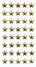 Ein Bogen mit 50 Artoz 3D Sticker "Strass Stern gold" der Artoz Papier AG, glänzend und handgefertigt, angeordnet in einem Raster auf weißem Hintergrund.